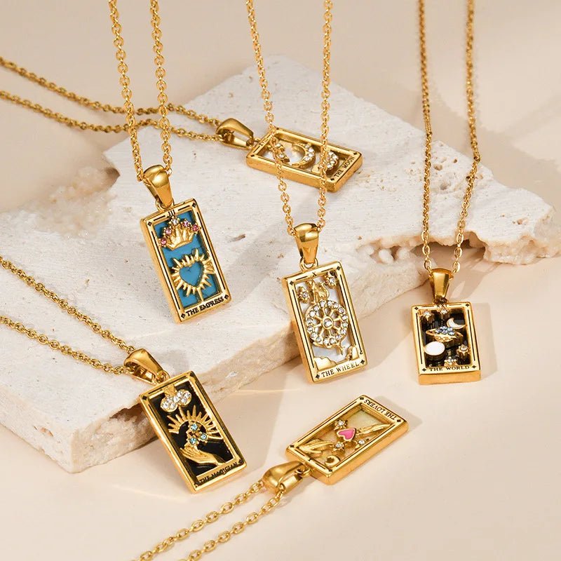 Fashion Stainless Steel with 18k Gold Plated Oil Painting Tarot Pendant Necklace Women Charm Drip Oil Retro Necklaces Jewelry