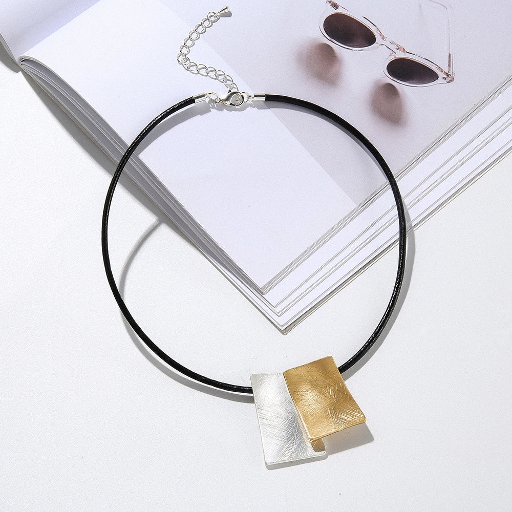 TongLing Minimalist Alloy Black Rope String square Shape Geometric Pendant Choker Women Necklace for Daily Life MegaBDM