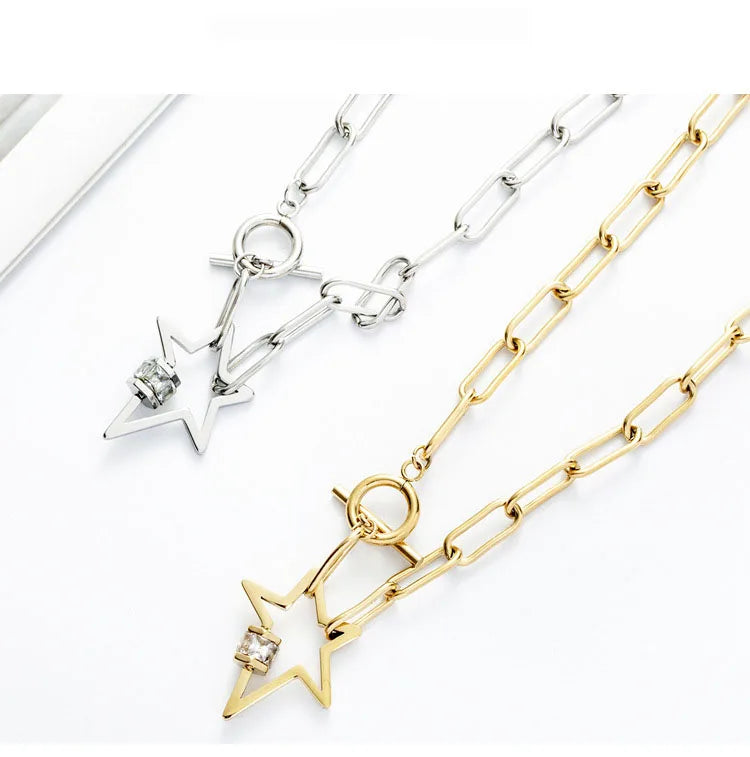 Fashion Jewelry New Fashion Stainless Steel Pentagram CZ Collarbone Pendant Choker Necklace for Women YC19A15