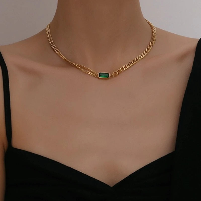 Trend Green Stainless Steel Zircon Necklace Gold Plated Jewelry Double Chain Stacked Vintage Square Cubic Zirconia for Necklace