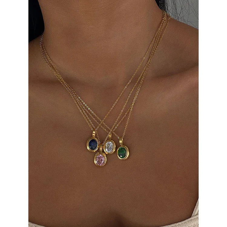 5 Colors Oval Cubic Zircon Stainless Steel Necklace Diamond Pendant Necklaces for Women Non Tarnish Colorful Vintage Jewelry Hot