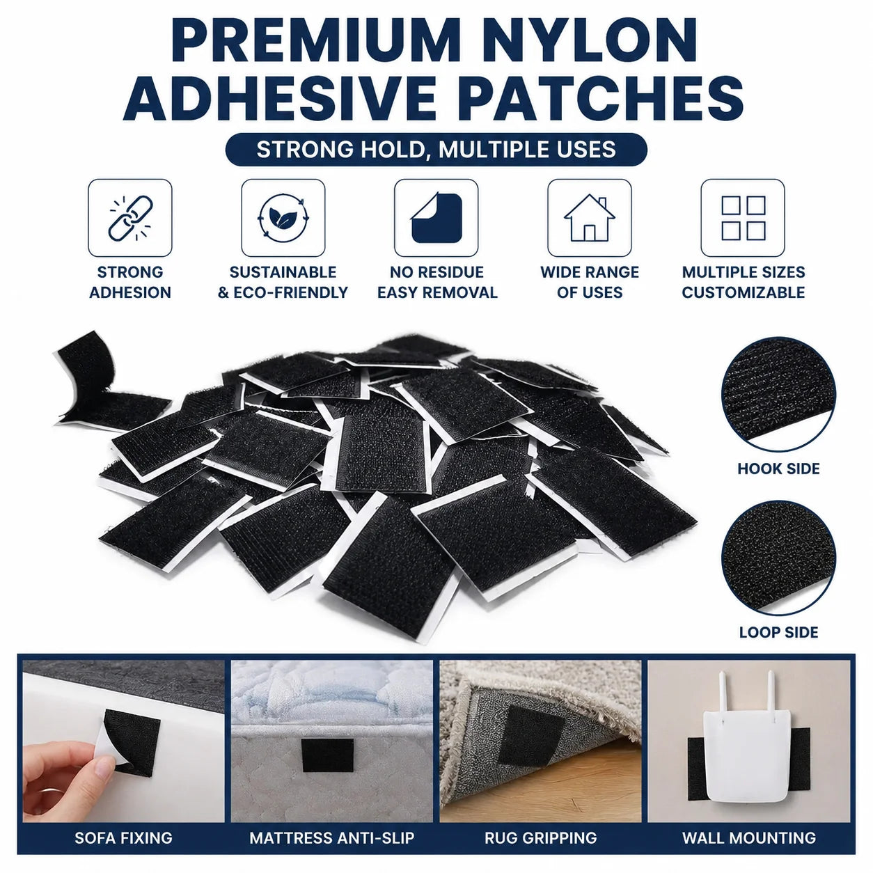 Hot Sale OEM/ODM Hook Loop Fastener square Die Cut Sticky Back Dots Velcroes Self-adhesive Hook and Loop Straps