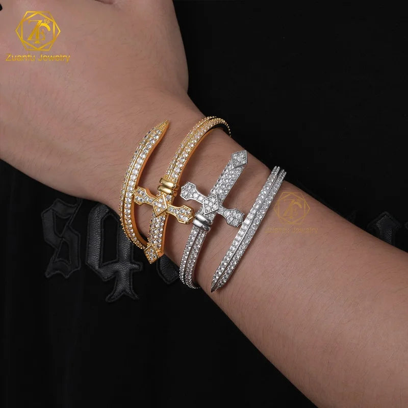 Hiphop Jewelry Moissanite Bangle Bracelet Men Women Ice Out Solid 925 Silver Fine Jewelry Moissanite Clover Bracelet