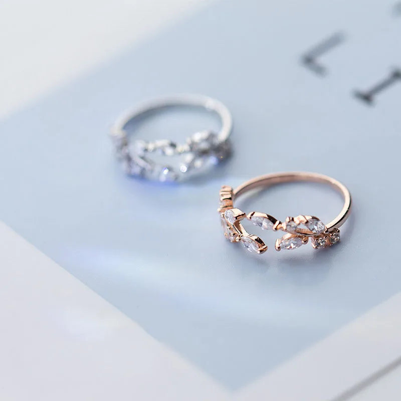 Classic Cute Design S925 Sterling Silver CZ Pave Leaf Finger Ring Silver Jewelry for Women J3360