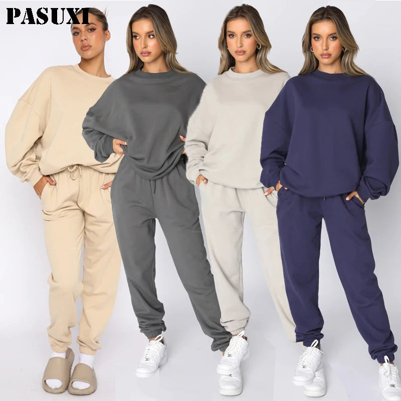 PASUXI Spring Fashion Womens Solid Color Sets Pullover Hoodies Casual Sports Jogger Pants Two Piece Sets