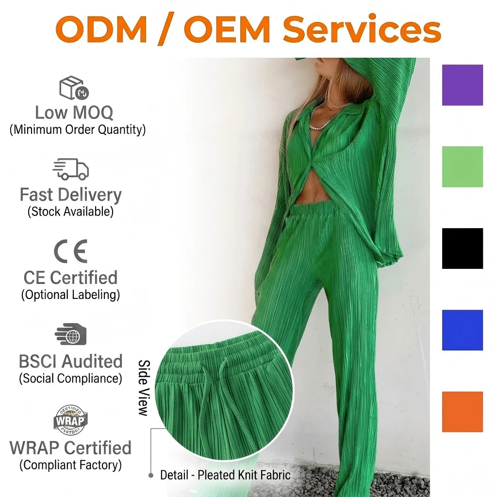 Summer Winter Pleated Ladies Long Sleeve Shirt Wide Leg Pants Outfit Casual Street Wear Two Piece Loungewear Women's Sets