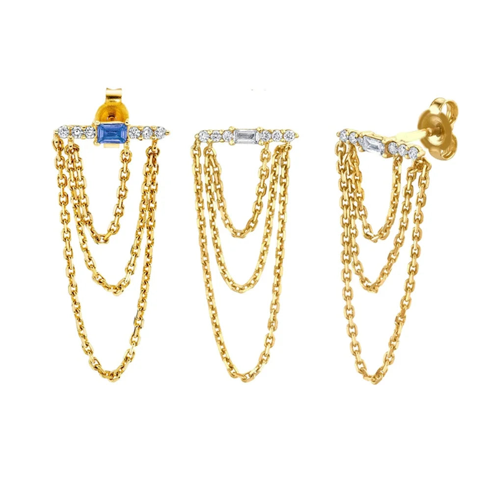 FUAMAY 18K Gold Plated White Diamond Blue Sapphire Bestie Baguette Swag Earring Long Double Chain Tassel Ear Rings for Woman