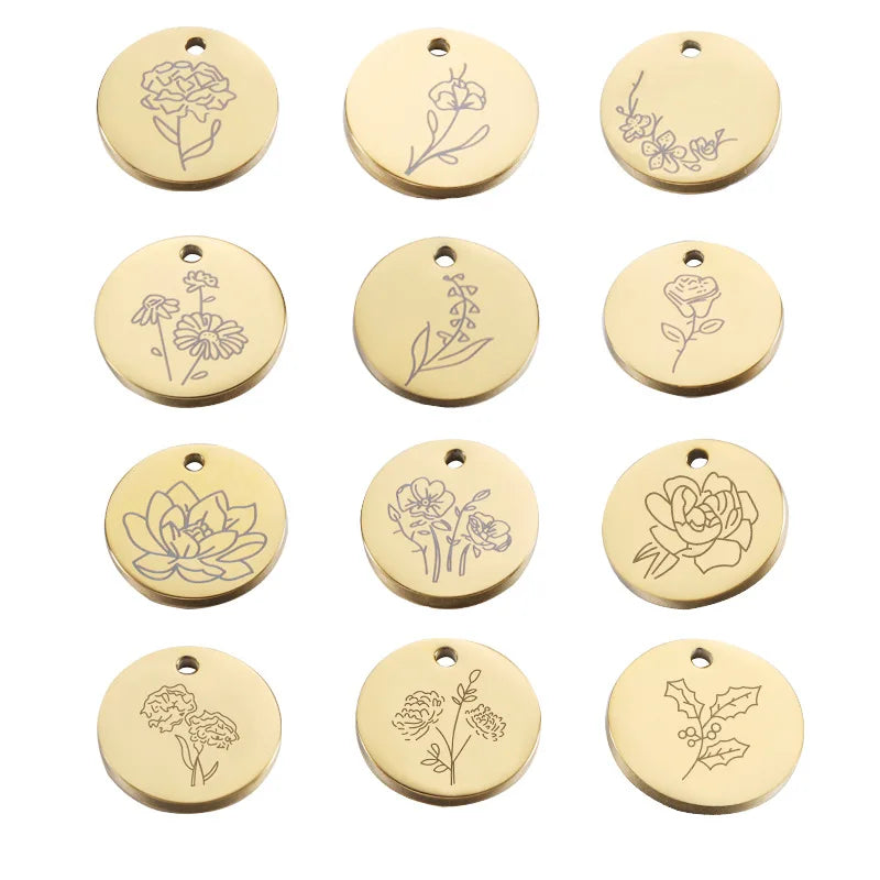 Customized Small Stainless Steel Disc Charm Pendant DIY Birth 12 Month Flower Pendant