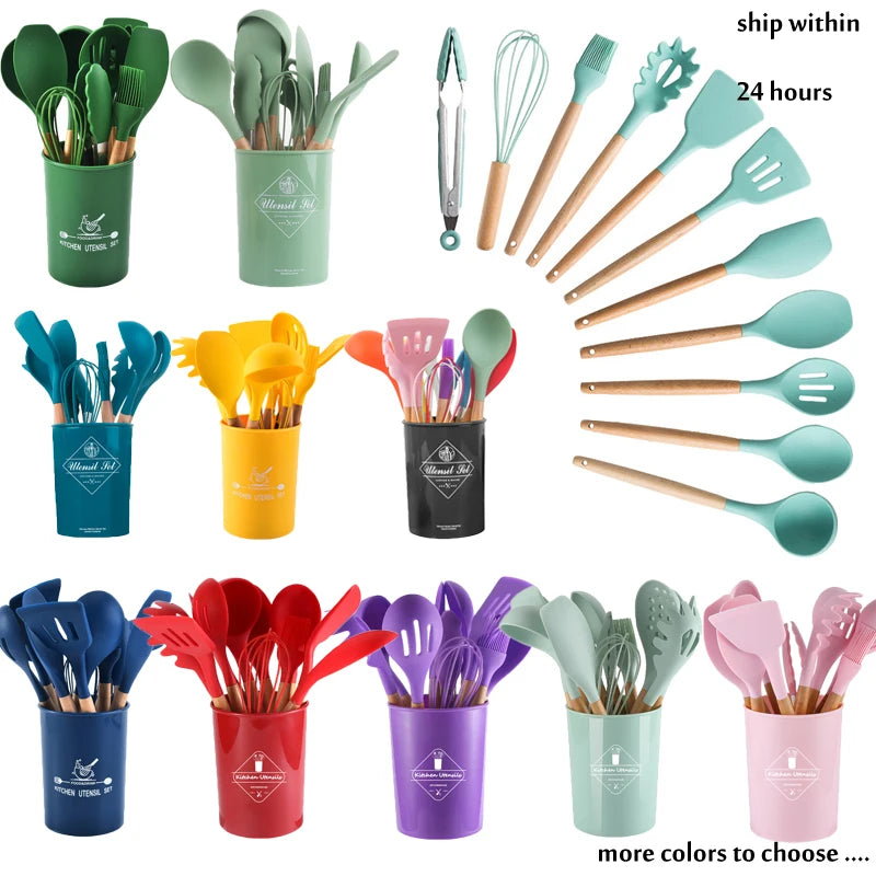 Non-stick Cookware Spatula Shovel Egg Beaters Wooden Handle Kitchen Cooking Tool Set Silicone Kitchenware Cooking Utensils Set