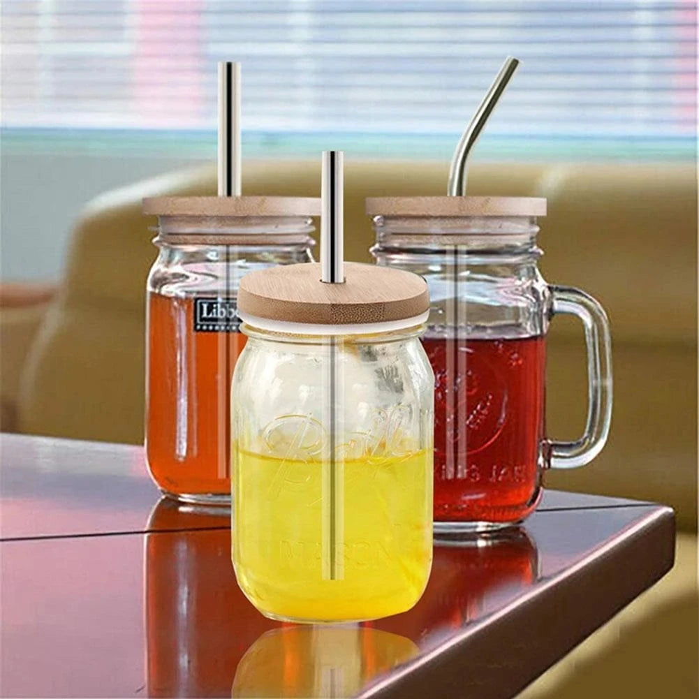 Reusable Fruit Juice Cool Drinking Glasses Bottle Gradient Old Fashioned 16 oz Mason Jars Mug Cups with Handles Bamboo Lid Straw