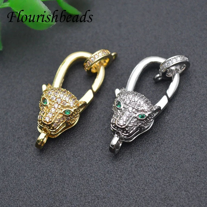 Silver Gold Plated CZ Paved Animal Leopard Head Lobster Clasp Charms for Jewelry Making Suppliers