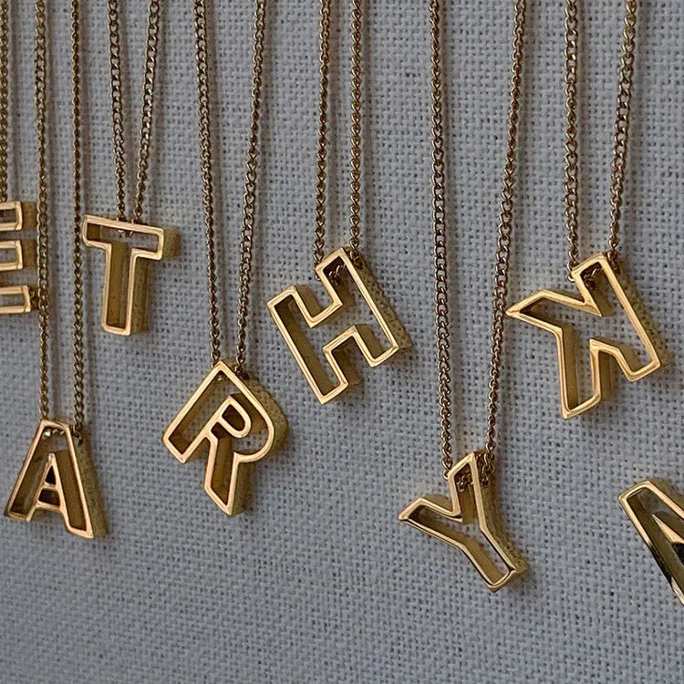 Hot Selling Classic Initial Necklace Women Luxury 18K Gold Plated Stainless Steel 3D Hollow Alphabet Letter Pendant Necklace