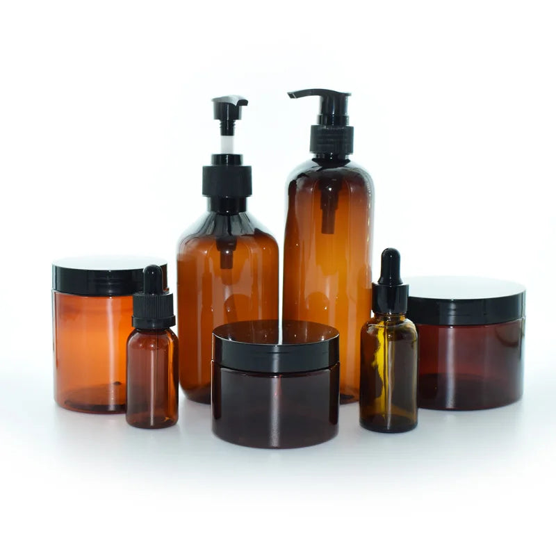 Luxury Plastic Skin Care Cosmetic Packaging 100ml 250ml 500ml PET Amber Shampoo Bottle and Jar Bath Salt Storage Container