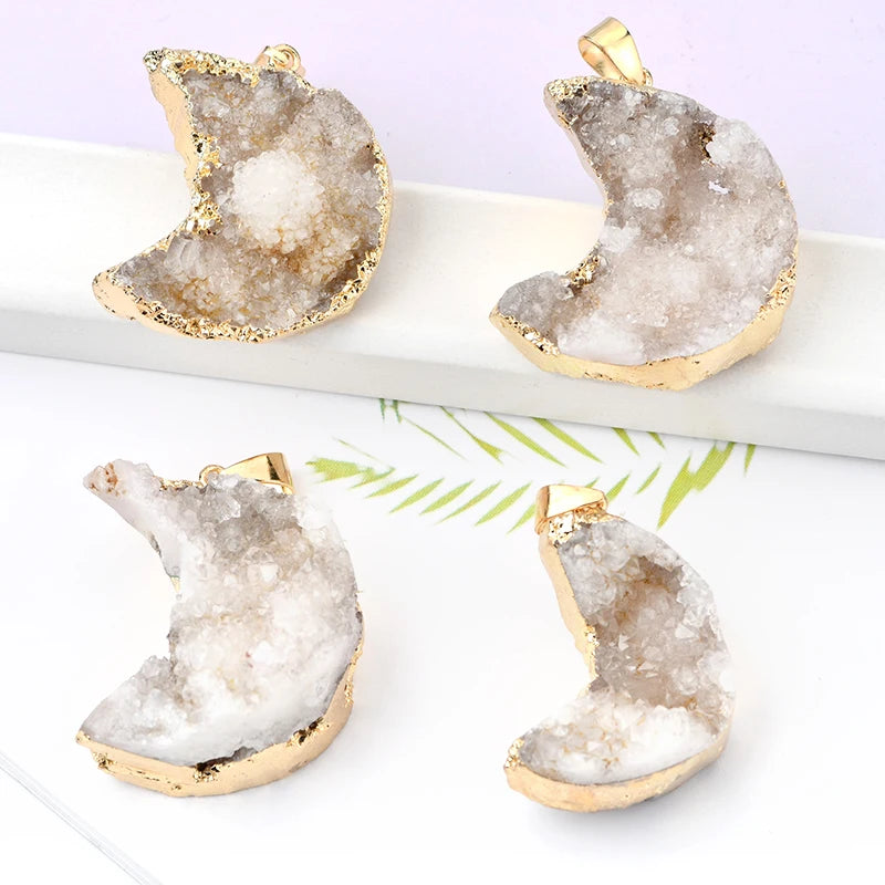 Clear Crystal Druzy Heart Moon Pendant Gold Plated Gemstone Crystal Heart Moon Pendant