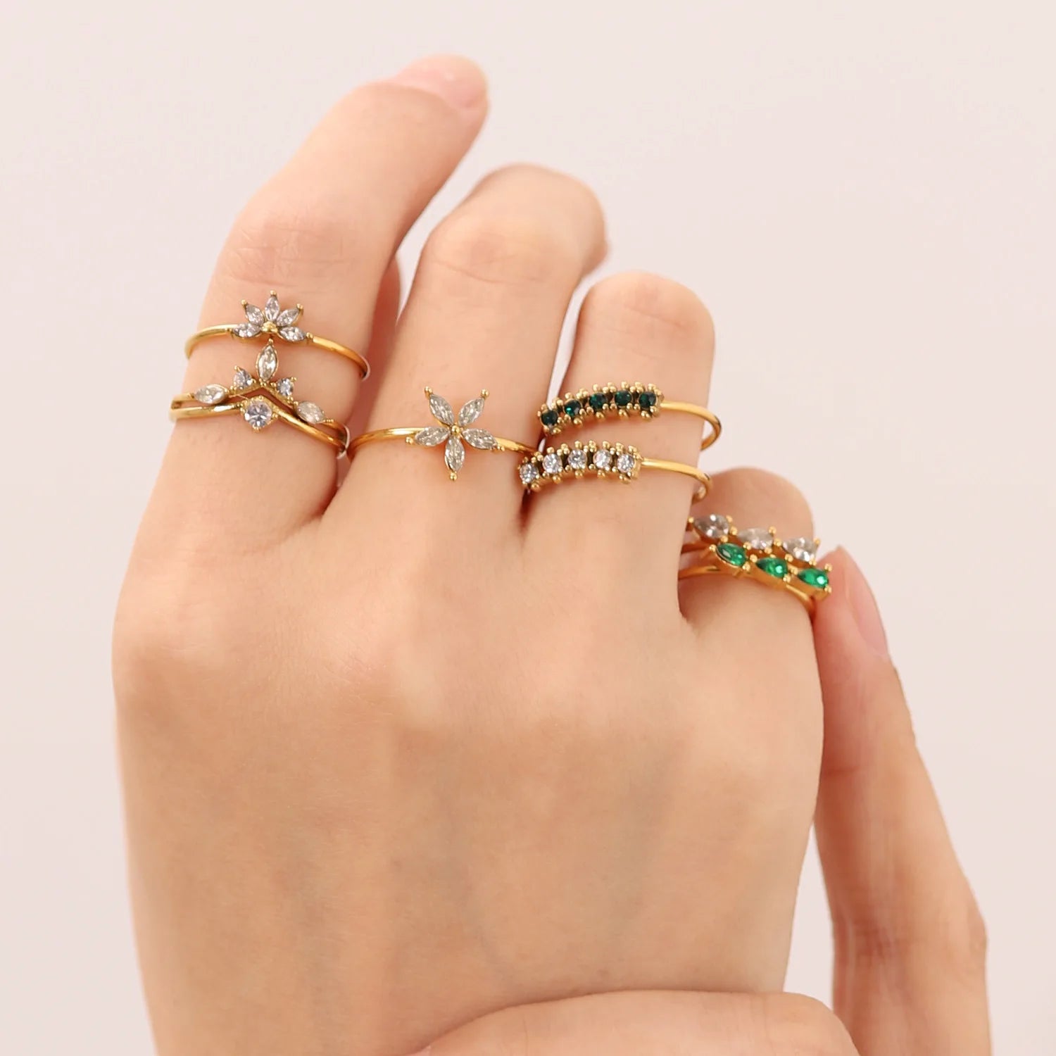 Waterproof Charm Stainless Steel 18K Gold Plated Thin Jewelry Dainty Opening Irregular Cubic Zirconia Rings for Women