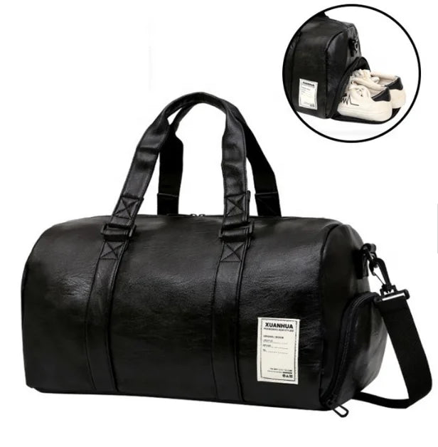 Fashion Large Capacity PU Leather Handbag Portable Travel Womens Overnight Bag with Shoes Compartment Gym Duffel Bag