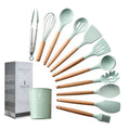 9/10/12pcs Wooden Handle Baking Cooking Tools Spatula Set Non-stick BPA Free Silicone Gen Kitchen Utensils Set With Storage Box