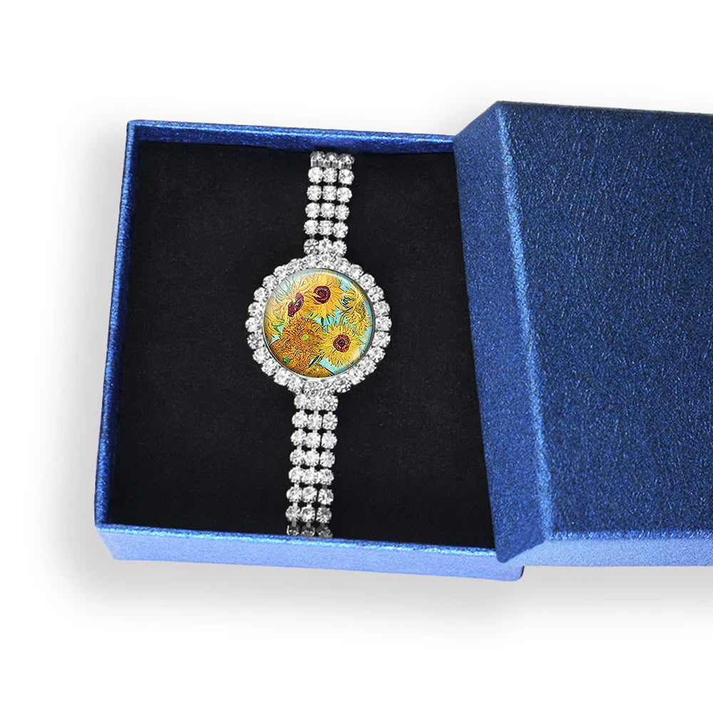 New Arrival Style Van Gogh Sunflower Rhinestone Diamond Fashion Jewelry Tennis Ball chain Bracelet Women