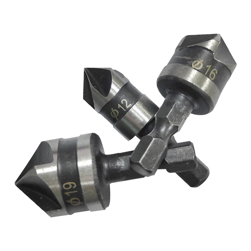 Carbon Steel 5 Flute Countersink Drill Bit Set 12/16/19mm Hex Shank Chamfer Tool for Wood Plastic Metal Deburring