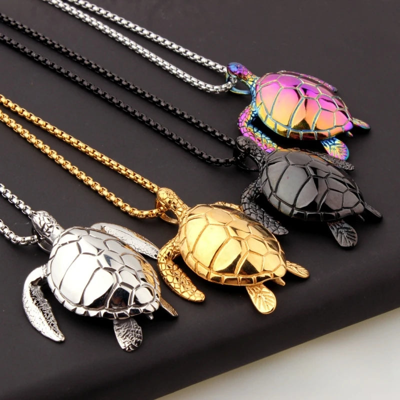 Best-Selling Men's Trendy Stainless Steel Sea Turtle Pendant Multicolor Gold Silver Black Rainbow 316L Individuality Necklace