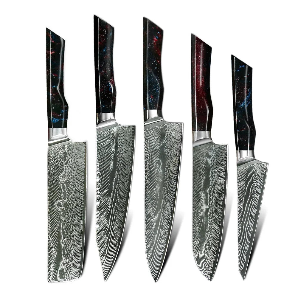 Customized 73layers Damascus Steel AUS10 Chef Knife Set Damascus With Luxury Resin Handle Kitchen Knife
