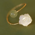 2025 French Trendy Gold Plated Hetianyu Agate Ring White Rose Flower Bead Jade Ring for Women