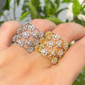 Trending Brass 18K Gold Plated Round Cut Cubic Zirconia Hollow Wide Adjustable Open Finger Ring for Women Anniversary