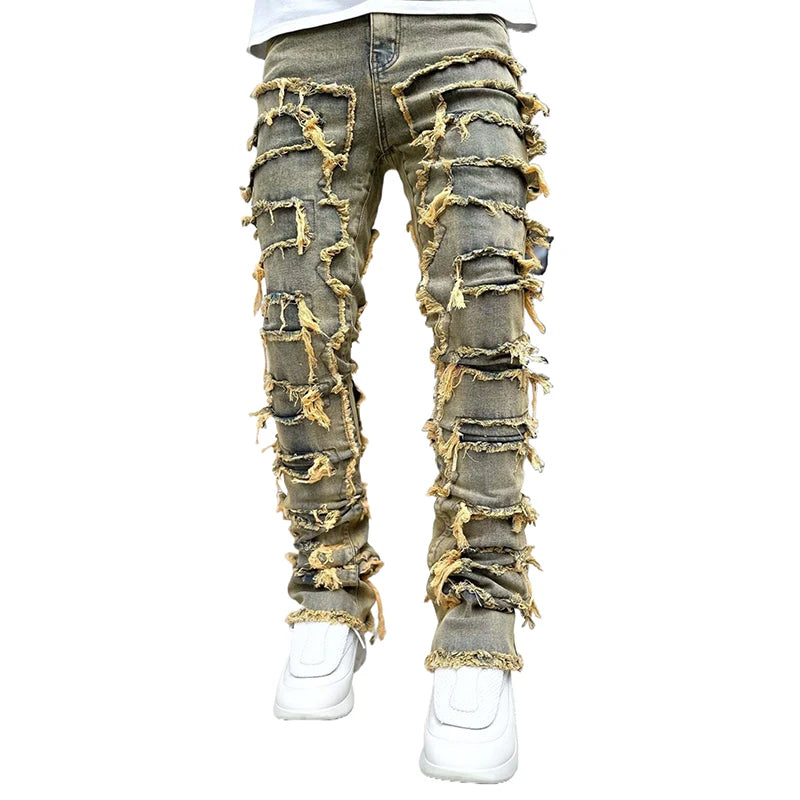 KY Street Wear Raw Edge Skinny Fitted Washed Raw Edge Distressed Jeans Luxury Men