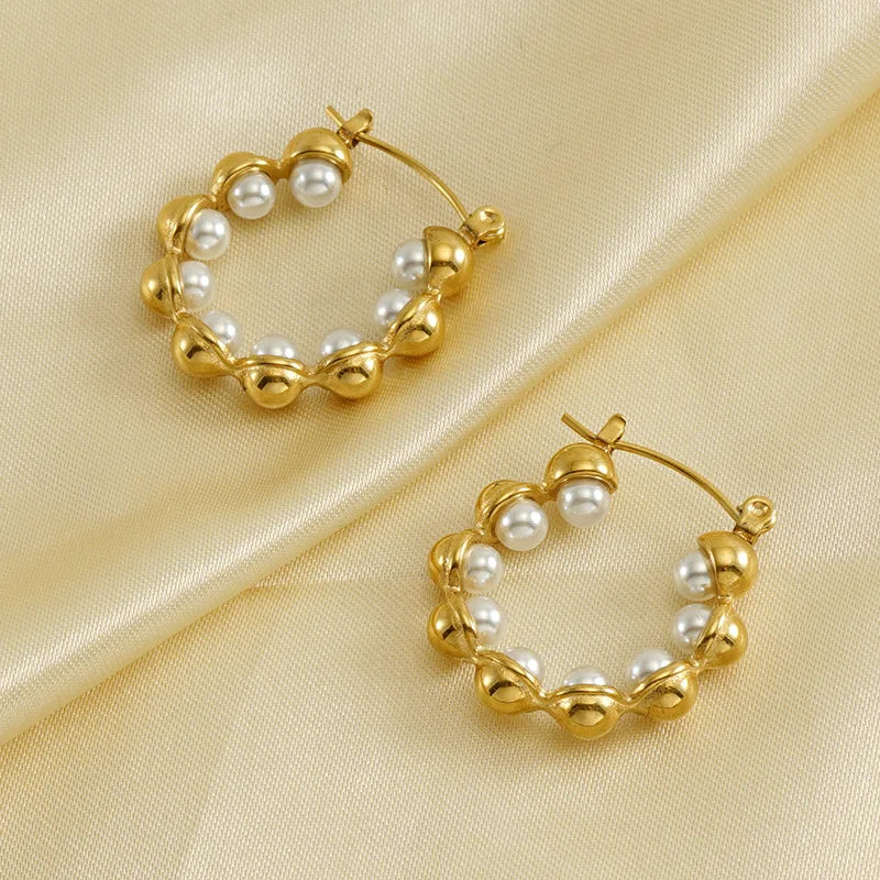 Wholesale Gold Plated Pearl Beads Round Circle Clip on Earrings Stainless Steel Pearl Round Circle Hoop Earrings