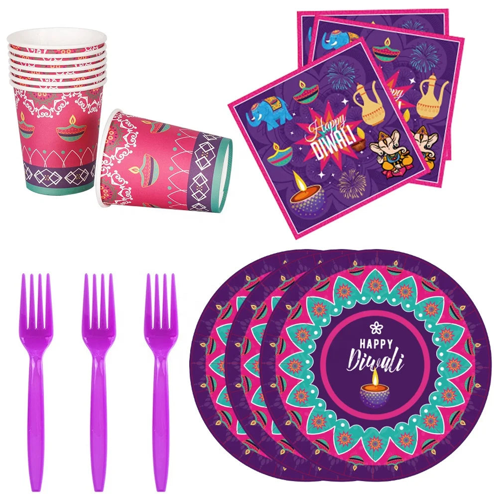 Diwali Celebration Themed Party Supplies Paper Plates and Napkins Serves 8 Guests Disposable Paper Dinnerware