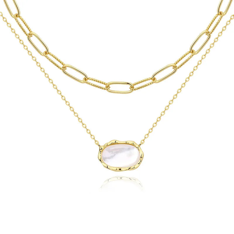 Stacking Chain Layer Necklaces 925 Sterling Silver Mother of Pearl Shell Oval Pendant Necklace Beach Jewelry