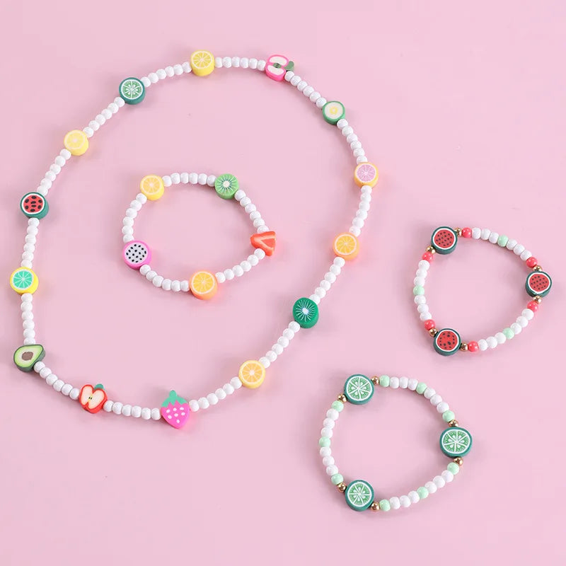 Fashion Handmade Little Children Waterproof Hawaiian Soft Clay Fruit Charms Mix Necklace and Bracelet Jewelry for Kids