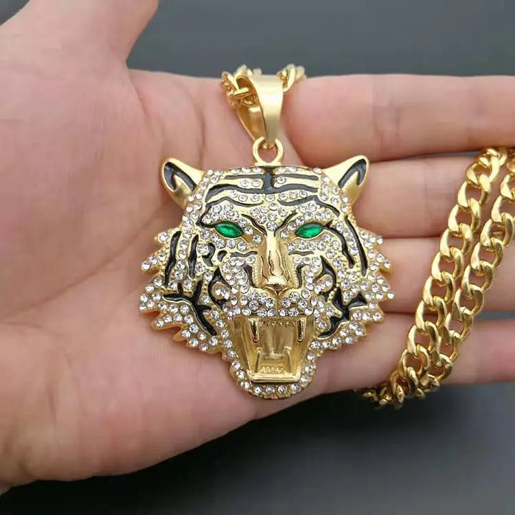 Hip Hop Gold Plated Jewelry Men's Iced Out Diamond tiger Face Pendant Necklace