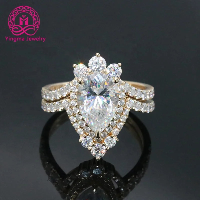 Free Shipping 14K Solid Yellow Gold Engagement Ring with 2.5 CT White Moissanite Fine Jewelry Wedding Set