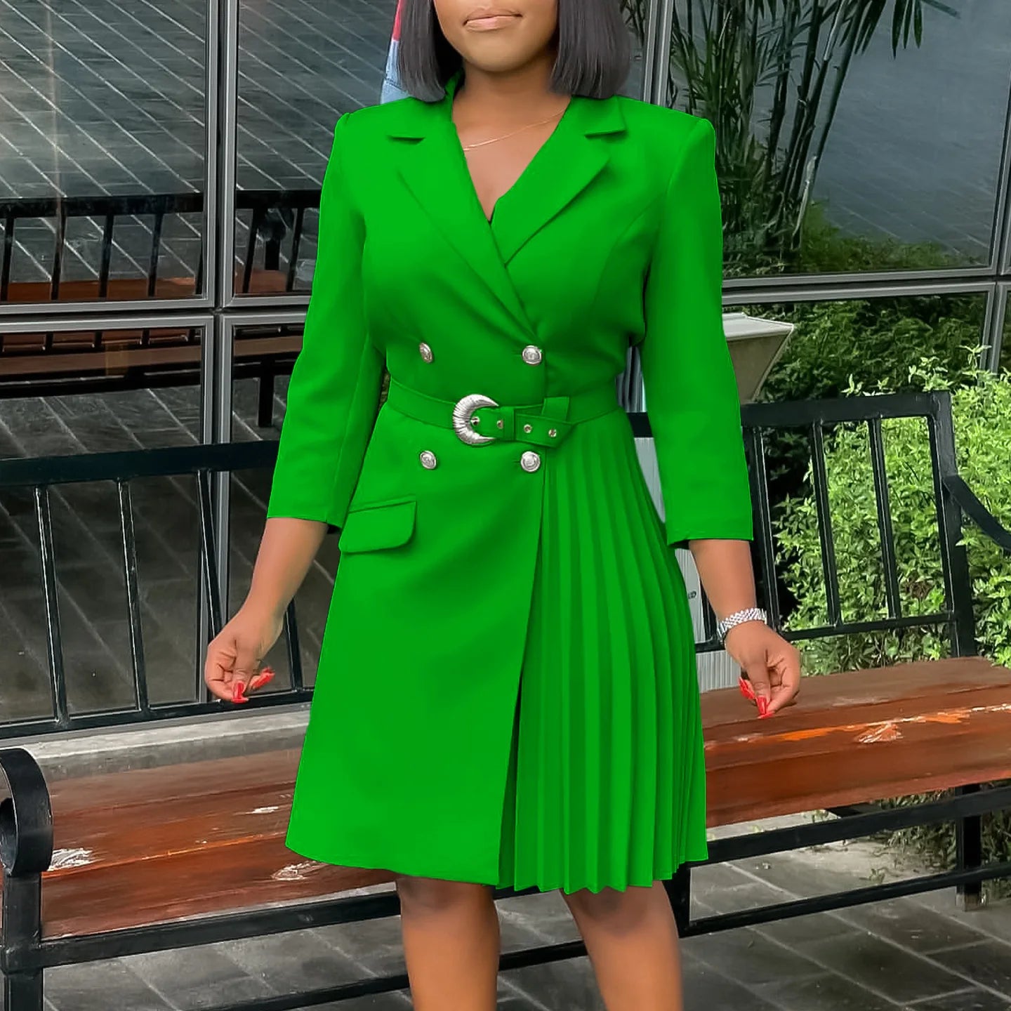 Spring  Autumn New Fashion High-waisted Long-sleeved Lapel Splicing Mid-length Suit Women Dress