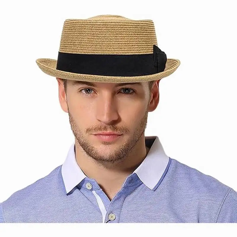 Grosgrain Band Pie Hat Straw Boater Hat Classic Boater Derby Sun Hats for Women Men
