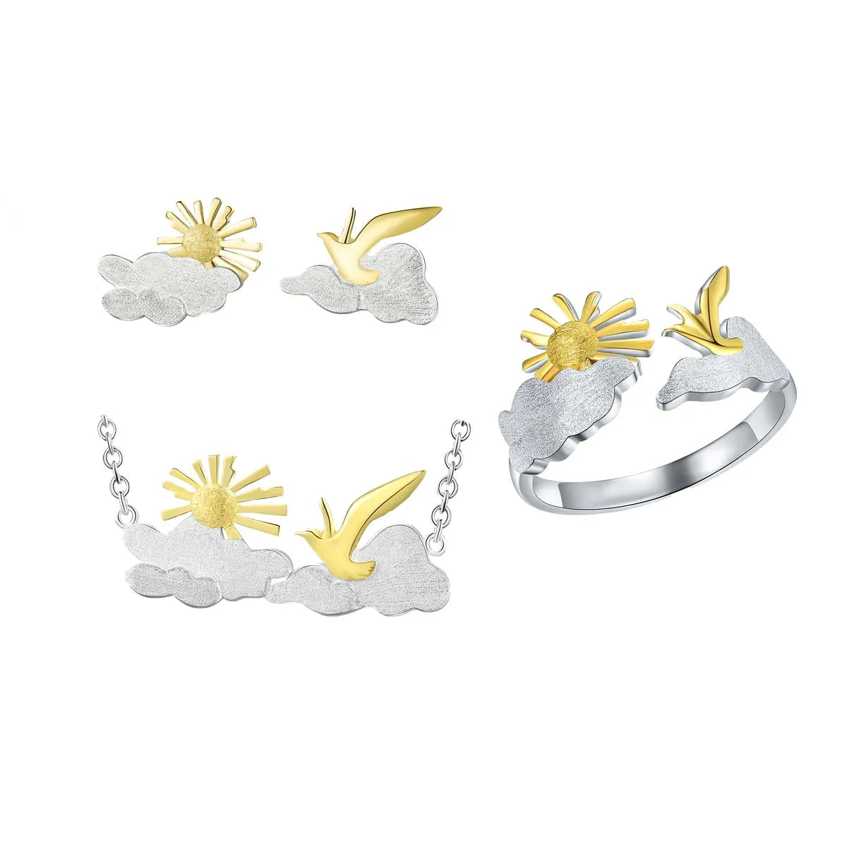 Lotus Fun Wholesale Price  Gold Plated  925 Sterling Silver Handmade Sunrise Bird Original Design Fine Jewelry Set for Women