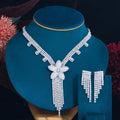 Extravagant Big Flower Long Tassel Drop Necklace and Earrings Set CZ Zirconia Wedding Jewelry Set for Women Brides Banquet Party