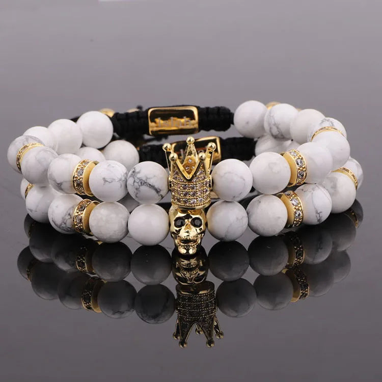 Renting Jewelry Making Skull Crown Bracelet Couples Natural Stone Howolite Beads Macrame Bracelet