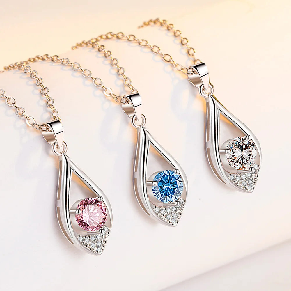 Romantic Luxury Birthday Gift Shiny Colorful Diamond Necklace Pendant Elegant Water Drop Necklace for Women Girls