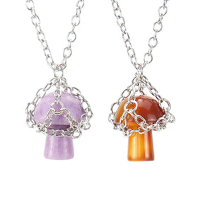 Creativity Natural Stone tiger Eye Green Aventurine Crystal Net Bag Mushroom Pendant Necklace for Women Gemstone Quartz Pendant