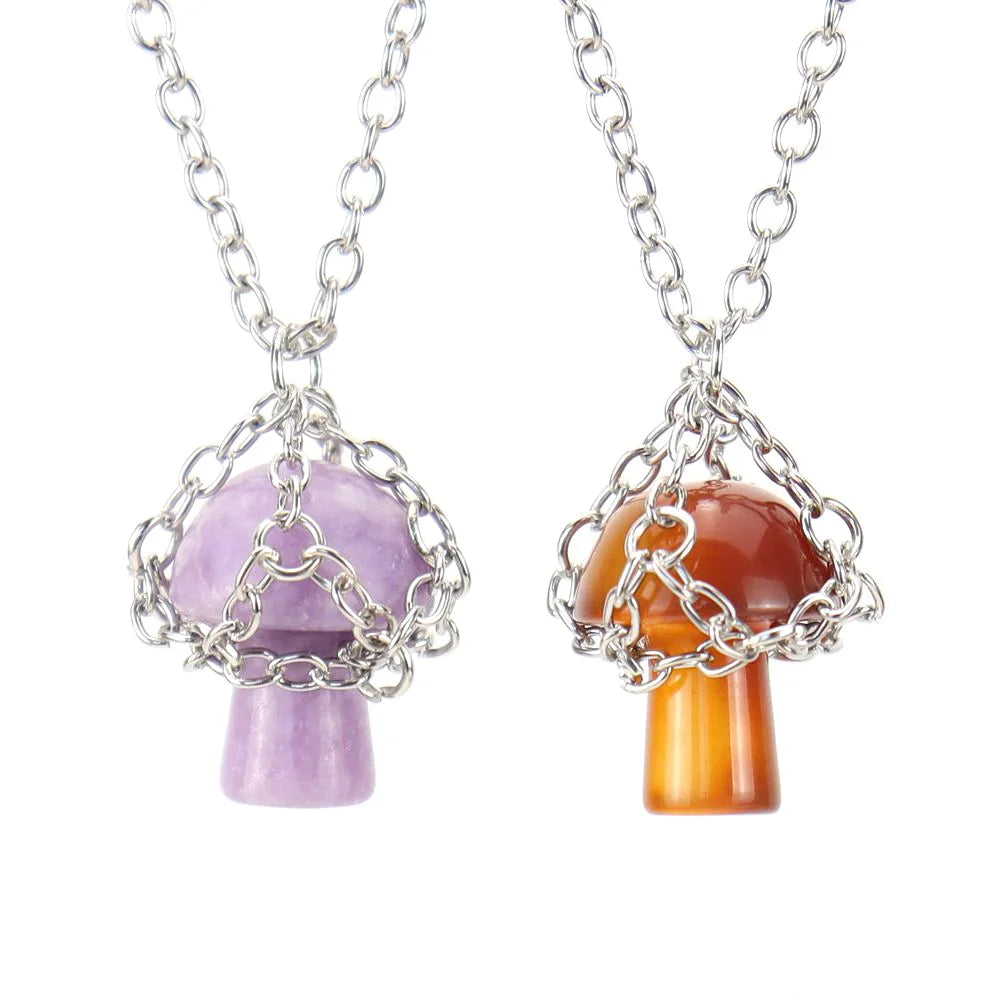 Creativity Natural Stone tiger Eye Green Aventurine Crystal Net Bag Mushroom Pendant Necklace for Women Gemstone Quartz Pendant