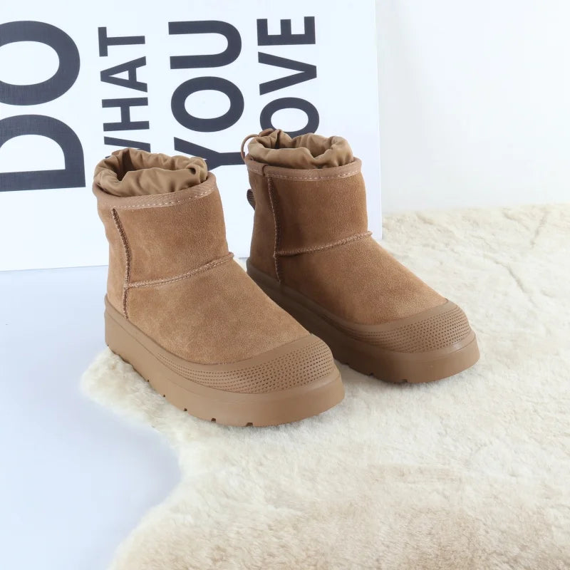 Women's Waterproof Toe Design Outdoor Plush Insulation Thick TPR Outsole Non-Slip Genuine Leather Ankle Anti-Slip Snow Boots