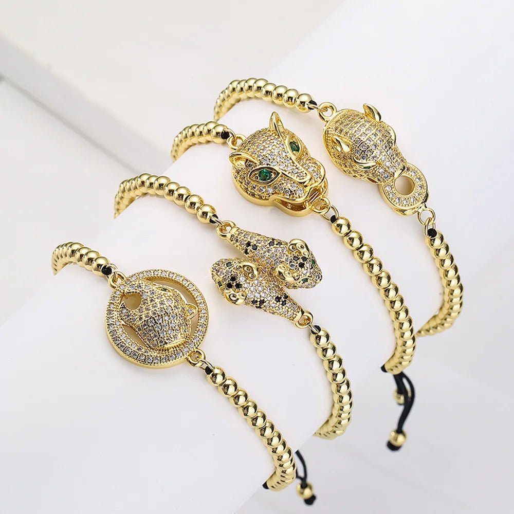 Copper Plated 18K Gold Zircon Leopard Copper Beads Draw Rope Bracelet Female INS Punk Hip Hop Hand Jewelry