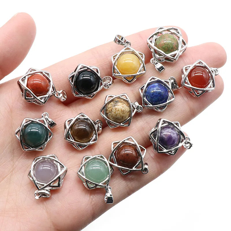 Natural Gemstones Crystal Ball Hexagram Pendant Healing Crystals Chakra Charm for Customized Jewelry Making Gift Giving