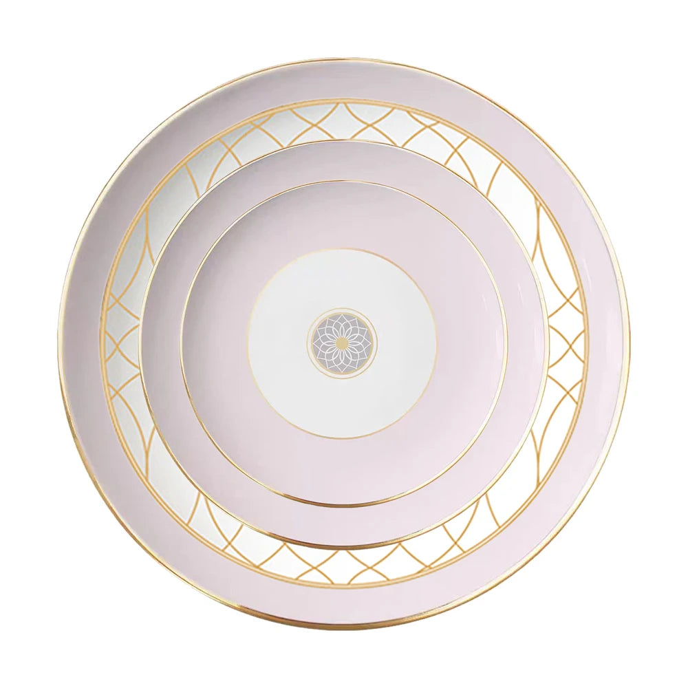 Nordic Classic Bone China Dinnerware Set 12\" 10.5\" 8\" 6.5\" Golden Rim Pink Ceramic Plates for Weddings & Home Decor