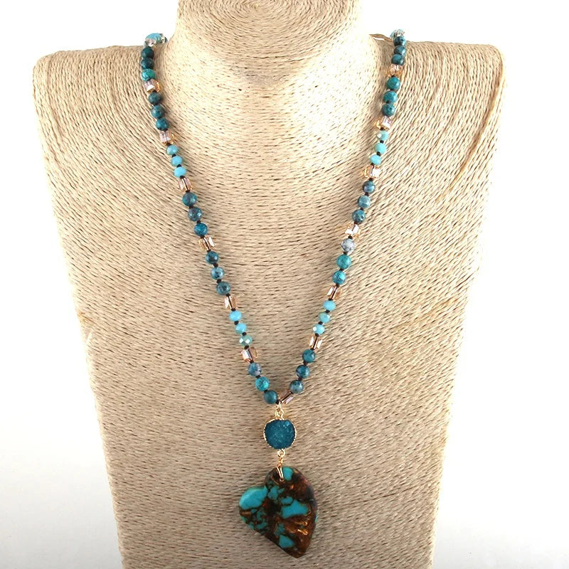 Fashion Bohemian Women Jewelry 6mm Natural Stones Crystal Glass With Druzy Charm Heart Stone Pendant Necklace