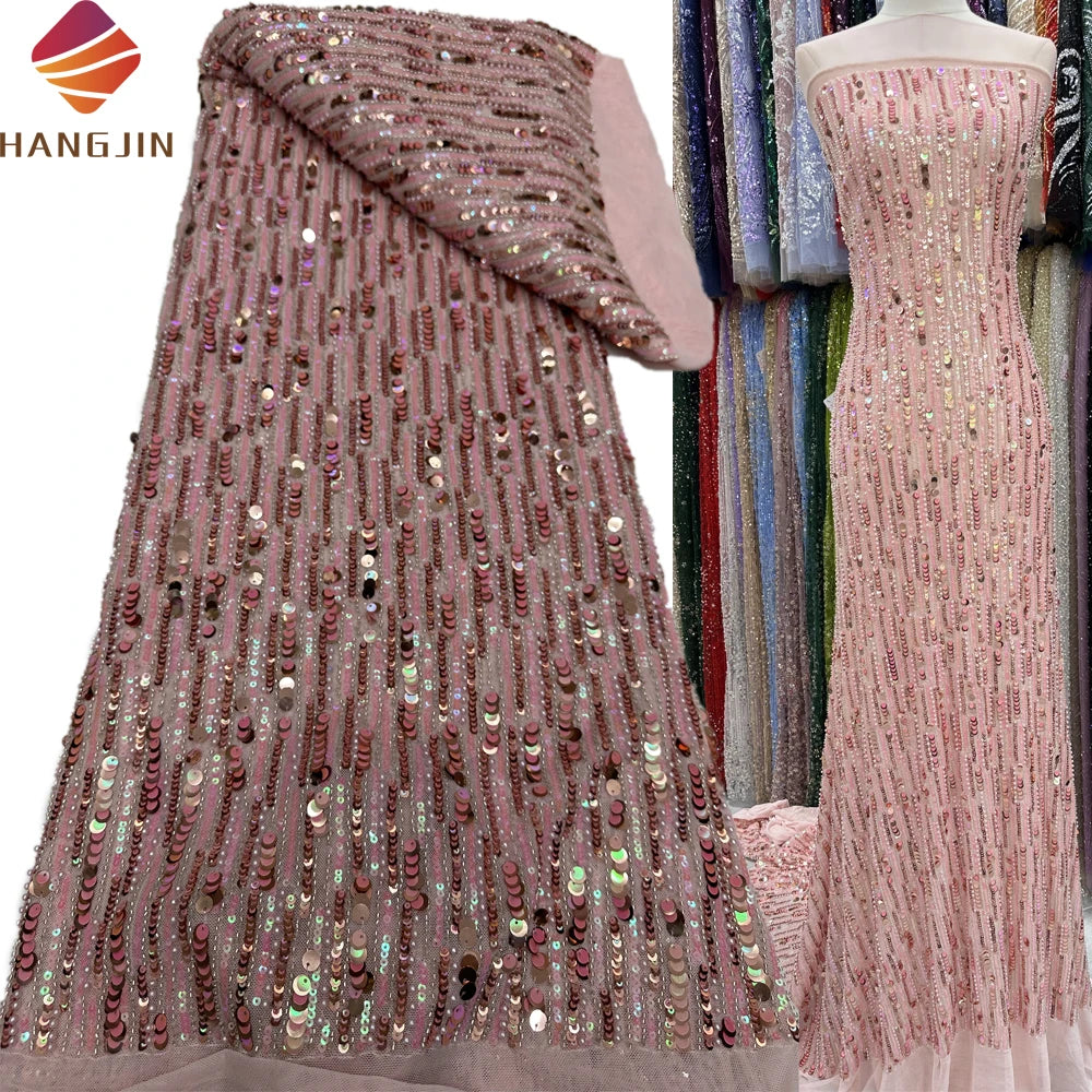 2024 Pink Luxury African French Tulle Lace Handmade Heavy Beaded Bridal Sequence Lace Fabric With Pearls for Evening Party Dress