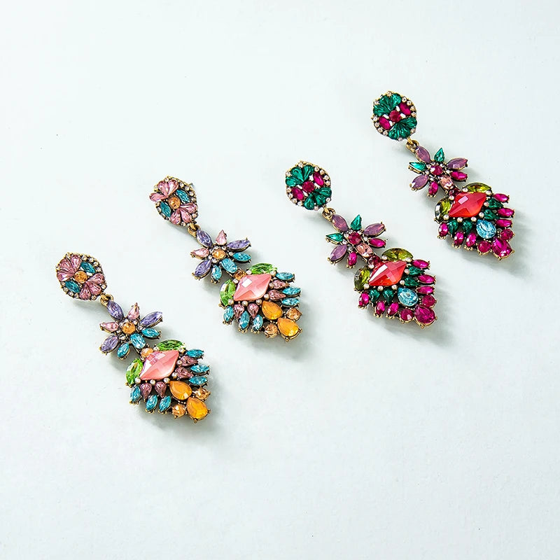 New Arrived Vintage Glass Geometric Stud Earrings Colorful Rhinestone Flower Statement Dangling Earrings for Women