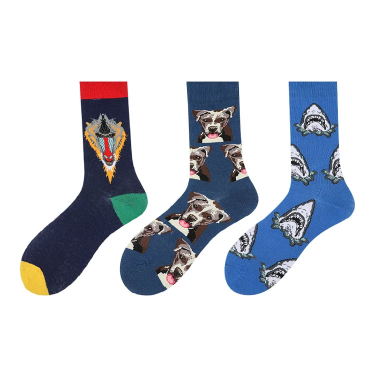 Men Cotton Socks Colorful  Funny Cute Cartoon Sea Animals Shark Dog  Monkey Adult Casual Crew Socks Creative Men Socks